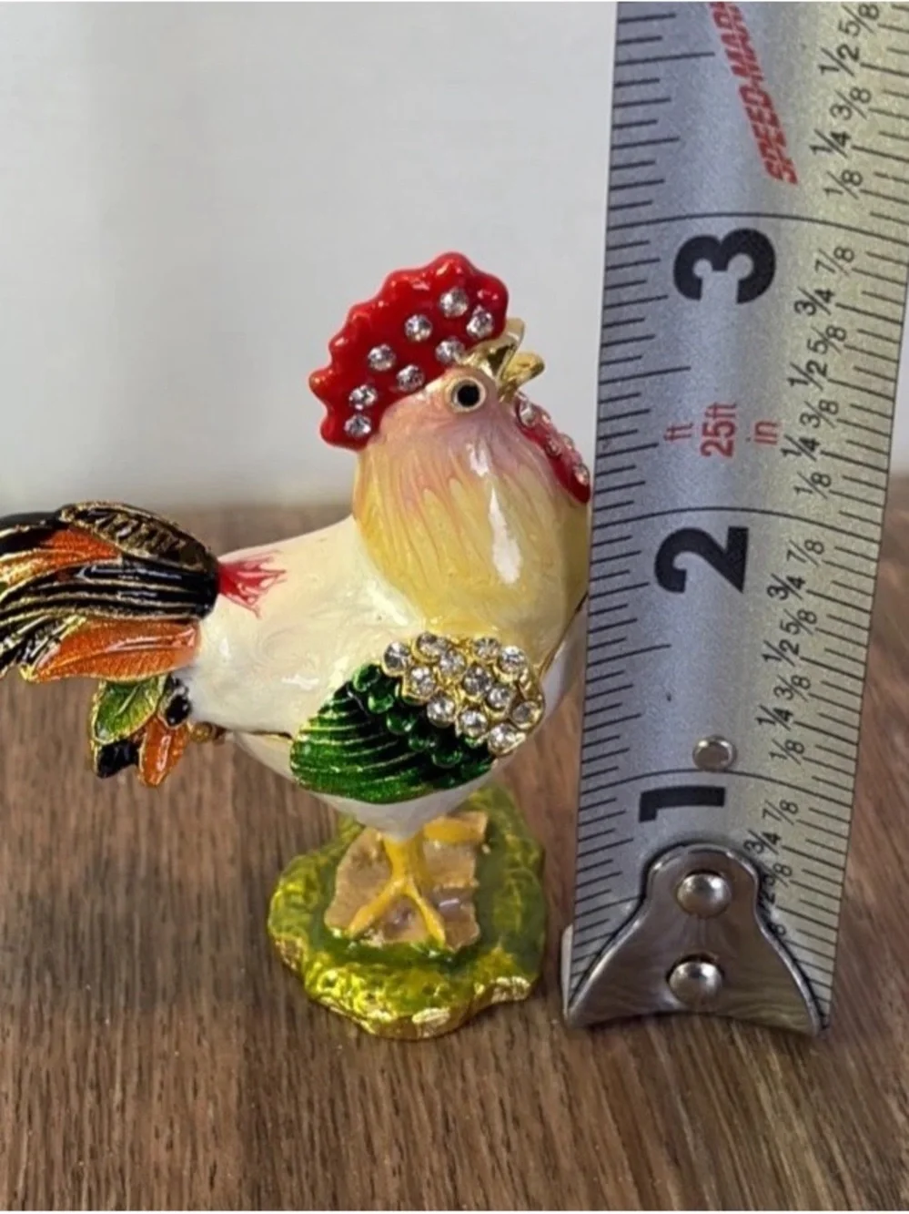 Enamel & Rhinestone Hinged Rooster Jewelry Pill Trinket Box Magnetic Bling
